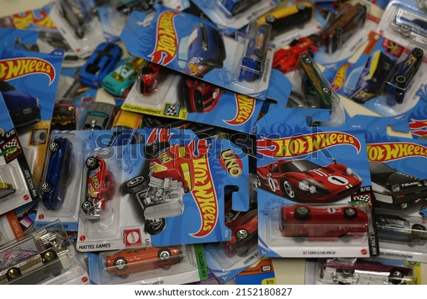 Moscow, Russia - 03.05.2022: Hot Wheels cars.
Metal colored car models. Sealed packages with collectible
transport models. Special series of popular Hot Wheels cars in a
large collection for a
child.