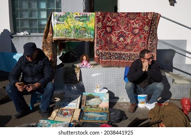 Moscow, Russia - 04 September 2021, Two Men Sell Old Things At A Flea Market At The Weekend At The Museum Of Moscow