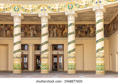 Moscow, Russia, 04.14.2021. Decorative ceramic ornament in the form of fruit on the walls and columns of the pavilion of the Republic of Belarus at VDNH in Moscow