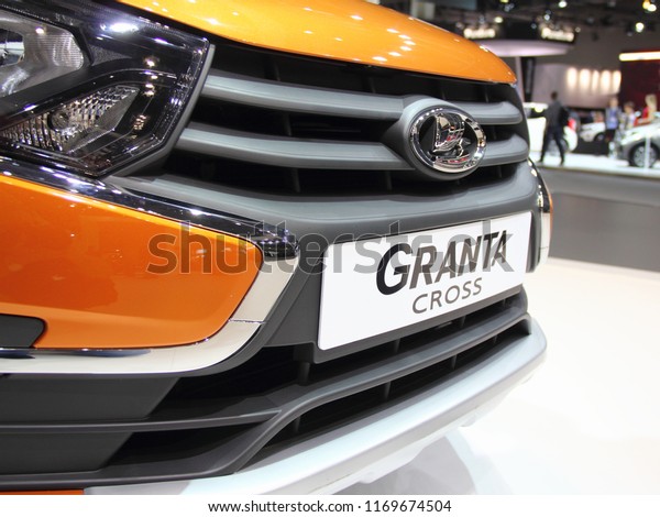 Moscow / Russia – 08 31 2018: The logo shield of Car\
LADA Granta Cross front view close up on automotive exhibition\
Moscow International Automobile Salon MMAS 2018 MIAS in Crocus\
Expo, motor show