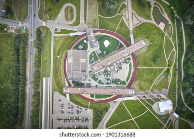 Moscow, Russia - 08.08.20: Top Down Aerial View Of Futuristic Building Of Skolkovo Management School