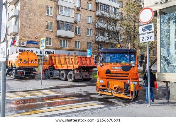 Moscow, Russia - 09 May 2022:\
Entrances to the yards during the parade on the ninth of May from\
the Leningrad highway blocked by watering machines and\
trucks