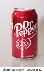 Moscow, Russia - 09.02.2020: Product Shot Of Dr Pepper Can Isolated, Vertical Photo