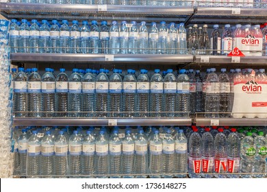 Moscow, Russia, 09/04/2020: Large Selection Of Drinking Water In Plastic Bottles On Shelves In A Supermarket. Front View.