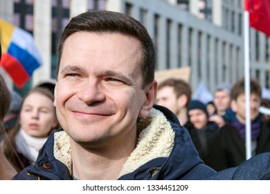 Moscow, Russia, - 10 March 2019. Rally Demand Internet Freedom In Russia. Ilya Yashin Russian Activist And Liberal Politician