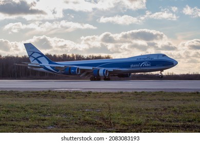 Moscow, Russia - 11.09.2021. Domodedovo International Airport.  Cargo Plane Boeing 747-8F (Freighter) Of AirBridgeCargo Airlines Lands On The Airport Runway. Side View.