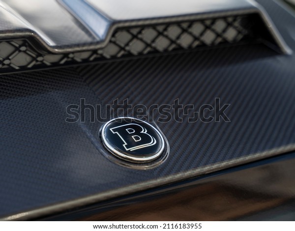 Moscow, Russia 13 January 2022: \
 carbon hood cover\
with black brabus logo