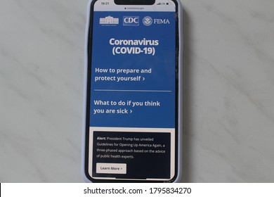 Moscow, Russia- 14 August 2020: Mobile Phone Screen With The Official Homepage Of US Health Care Website On Coronavirus. Important Guidelines.