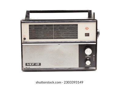 Moscow, Russia, 14 May, 2023: VEF 12, radio receiver II class with 10 transistors. English translation: VEF 12,light, setting, volume, timbre (inscription in Russian) - Shutterstock ID 2303393149
