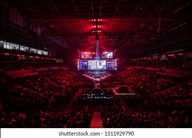 MOSCOW, RUSSIA - 14th SEPTEMBER 2019: Esports Counter-Strike: Global Offensive Event. Main Stage Venue, Big Screen And Lights Before The Start Of The Tournament.