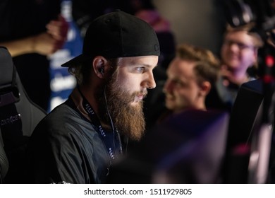 MOSCOW, RUSSIA - 14th SEPTEMBER 2019: Esports Counter-Strike: Global Offensive Event. Player's Booth With Team Ninjas In Pyjamas Legend Player Patrik F0rest Lindberg Inside On A Stage.