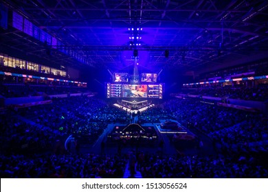 MOSCOW, RUSSIA - 14th SEPTEMBER 2019: esports Counter-Strike: Global Offensive event. Main stage venue, big screen and lights before the start of the tournament.