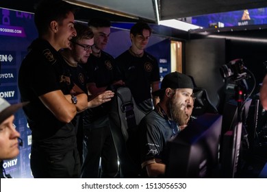 MOSCOW, RUSSIA - 14th SEPTEMBER 2019: Esports Counter-Strike: Global Offensive Event. Player's Booth With Team Ninjas In Pyjamas Legend Player Patrik F0rest Lindberg Inside On A Stage.