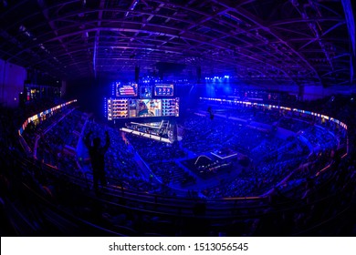 MOSCOW, RUSSIA - 14th SEPTEMBER 2019: esports Counter-Strike: Global Offensive event. Main stage venue, big screen and lights before the start of the tournament.
