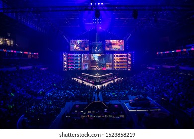 MOSCOW, RUSSIA - 14th SEPTEMBER 2019: Esports Counter-Strike: Global Offensive Event. Main Stage Venue, Big Screen And Lights Before The Start Of The Tournament.
