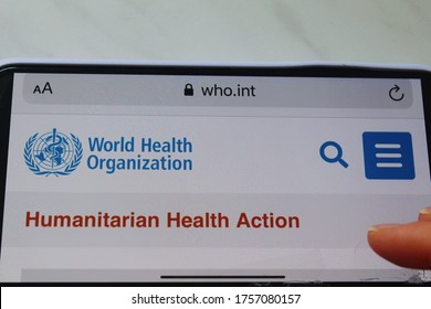 Moscow, Russia - 15 June 2020: Mobile Phone Screen With The Official Homepage Of World Health Organisation Website.