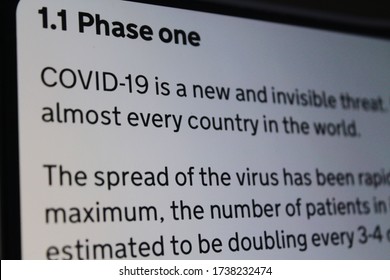 Moscow, Russia - 15 May 2020: Close-up Of A Mobile Phone Screen With The Phase One Heading Of The Document Our Plan To Rebuild - The UK Governments COVID-19 Recovery Strategy. UK Government Website.