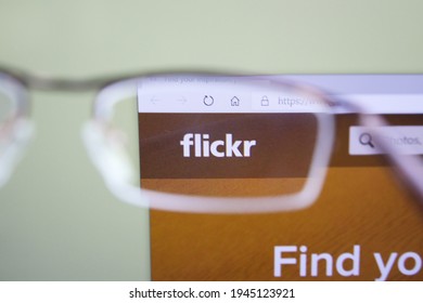 Moscow, Russia - 15 November 2020: Flickr home page browsing through glasses, company logo. High quality photo