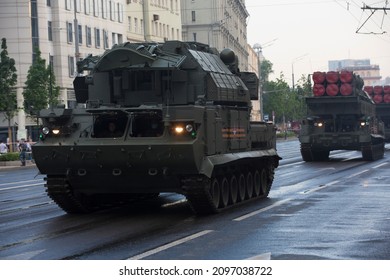 Moscow, Russia - 18.06.2020 Victory Day Parade Rehearsal. Russian Army Tor M2 All-weather Low To Medium Altitude, Short Range Surface To Air Missile System In A Column Of BUK Armored Vehicles
