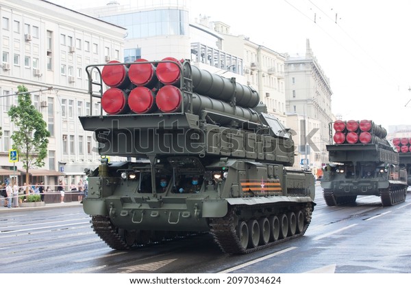 Moscow, Russia - 18.06.2020 Victory Day Parade
rehearsal. Russian army 9K317M BUK M3 self-propelled, medium-range
surface-to-air missile system vehicle in a column on Sadovaya
Street (Garden Ring)
