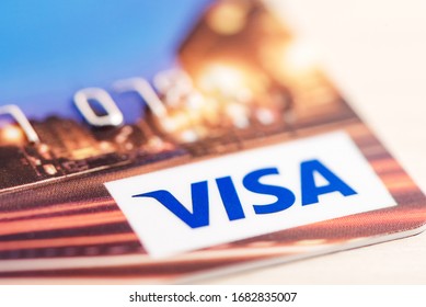 Moscow, Russia, - 18th March 2020: close up of  VISA card, credit cards on the table. shallow focus soft tone. business concept.