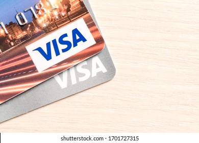 Moscow, Russia, - 18th March 2020: close up of  VISA card, credit cards on the table. shallow focus soft tone. business concept.