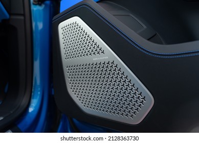 Moscow, Russia 19 February 2022:luxury Bang Olufsen Audio System In The Car Interior Blue Trim