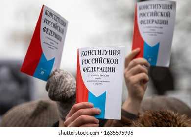 Moscow, Russia. 19th Of January, 2020 A Opposition Supporters Hold A Copy Of Russia's Constitution During A Rally Against Constitutional Reforms Proposed By President Vladimir Putin In Central Moscow