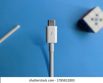 Moscow / Russia - 2020 July 28: White Thunderbolt 3 / USB-C Cable