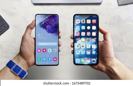 Moscow / Russia - 2020 March 9: Compare the new Samsung Galaxy S20 Ultra vs Apple iPhone 11 Pro