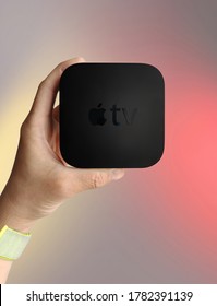 Moscow / Russia - 2020 May 14: Man Holds Apple TV 4K