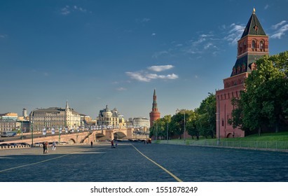 Moscow, Russia - 21 June, 2012: View of the Big Stone Bridge and Vasilevsky descent going to the embankment of the Moscow River, stylized