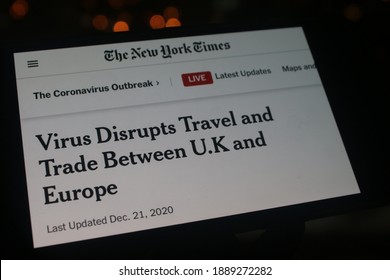 Moscow, Russia - 23 December 2020: The New York Times News With Virus Disrupts Travel And Trade Between UK And Europe Headlines On A Smartphone Screen.