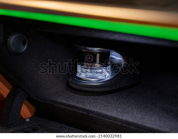 Moscow,\
Russia 23 March 2022: branded fragrance perfume diffuser\
Mercedes-Benz in the car interior with\
backlight