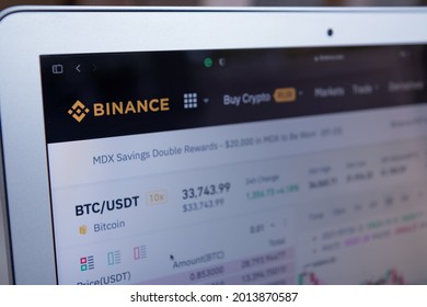 Moscow, Russia - 25 July 2021: Photography Of Web Page Of Binance Cryptocurrency Exchange, Trading Floor, Stock Market, BTC, USDT, RUB. Selling And Being Bitcoin From Home Remotely.