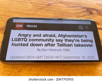 Moscow, Russia - 25 Of September 2021: CNN News Headlines Angry And Afraid, Afghanistan’s LGBTQ Community Say They’re Being Hunted Down After Taliban Takeover. Smartphone Screen.