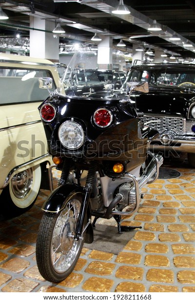Moscow, Russia - 26\
February 2021: Old black motorcycles in the museum. Exhibition of\
retro motorcycles.