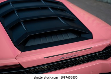 Moscow, Russia 27 June 2021: The Rear Part Of The Pink Lamborghini Huracan Engine