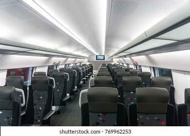 MOSCOW, RUSSIA - 27 OCTOBER 2017: The Interior Of The Aeroexpress Train Model Stadler Kiss Rus. Econom Class.