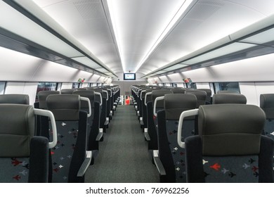 MOSCOW, RUSSIA - 27 OCTOBER 2017: The Interior Of The Aeroexpress Train Model Stadler Kiss Rus. Econom Class.