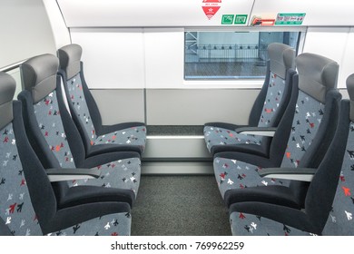 MOSCOW, RUSSIA - 27 OCTOBER 2017: The Interior Of The Aeroexpress Train Model Stadler Kiss Rus. Econom Class.