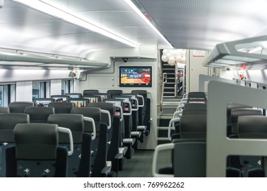 MOSCOW, RUSSIA - 27 OCTOBER 2017: The Interior Of The Aeroexpress Train Model Stadler Kiss Rus. Econom Class.