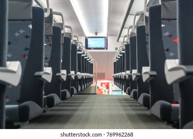 MOSCOW, RUSSIA - 27 OCTOBER 2017: The Interior Of The Aeroexpress Train Model Stadler Kiss Rus. Econom Class.