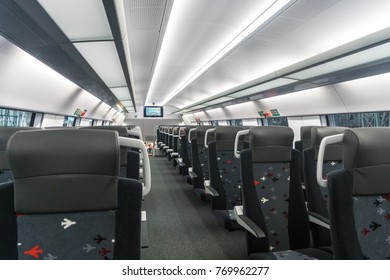 MOSCOW, RUSSIA - 27 OCTOBER 2017: The Interior Of The Aeroexpress Train Model Stadler Kiss Rus. Econom Class.