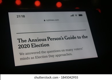 Moscow, Russia - 28 October 2020: NY Times News With Rye Anxious Person’s Guide To The 2020 Election Headlines On A Mobile Phone Screen.