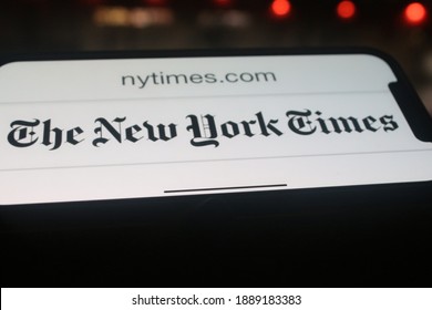 Moscow, Russia - 4 January 2020: Close Up Of The New York Times News Logo On A Smartphone Screen.