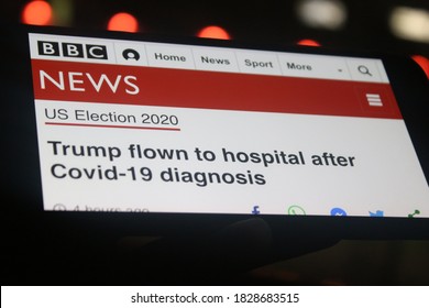 Moscow, Russia - 4 October 2020: BBC news on Trump flown to hospital after Covid-19 diagnosis on a mobile phone screen.