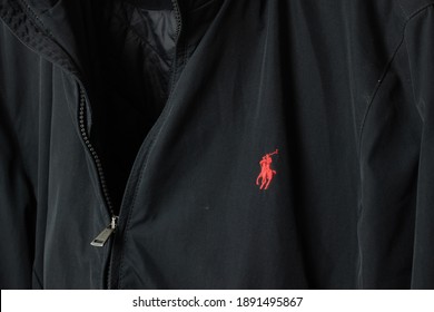 Moscow, Russia - 5 December 2020: Red Polo Ralph Lauren logo symbol on black jacket, Illustrative Editorial.