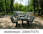 Moscow, Russia - 5 July 2023: Northern River Station Park area with chess play tables