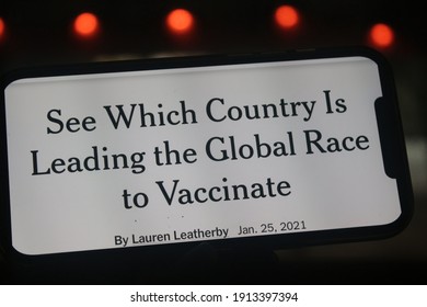 Moscow, Russia - 6 February 2021: The New York Times News With See Which Country Is Leading The Global Race To Vaccine Headlines On A Smartphone Screen.